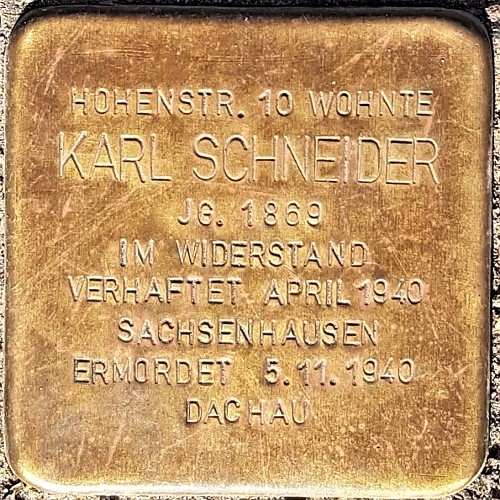 Stolperstein für Karl Schneider in der Hohenstr. 10, Foto: gripweed, (c) wikimedia commons